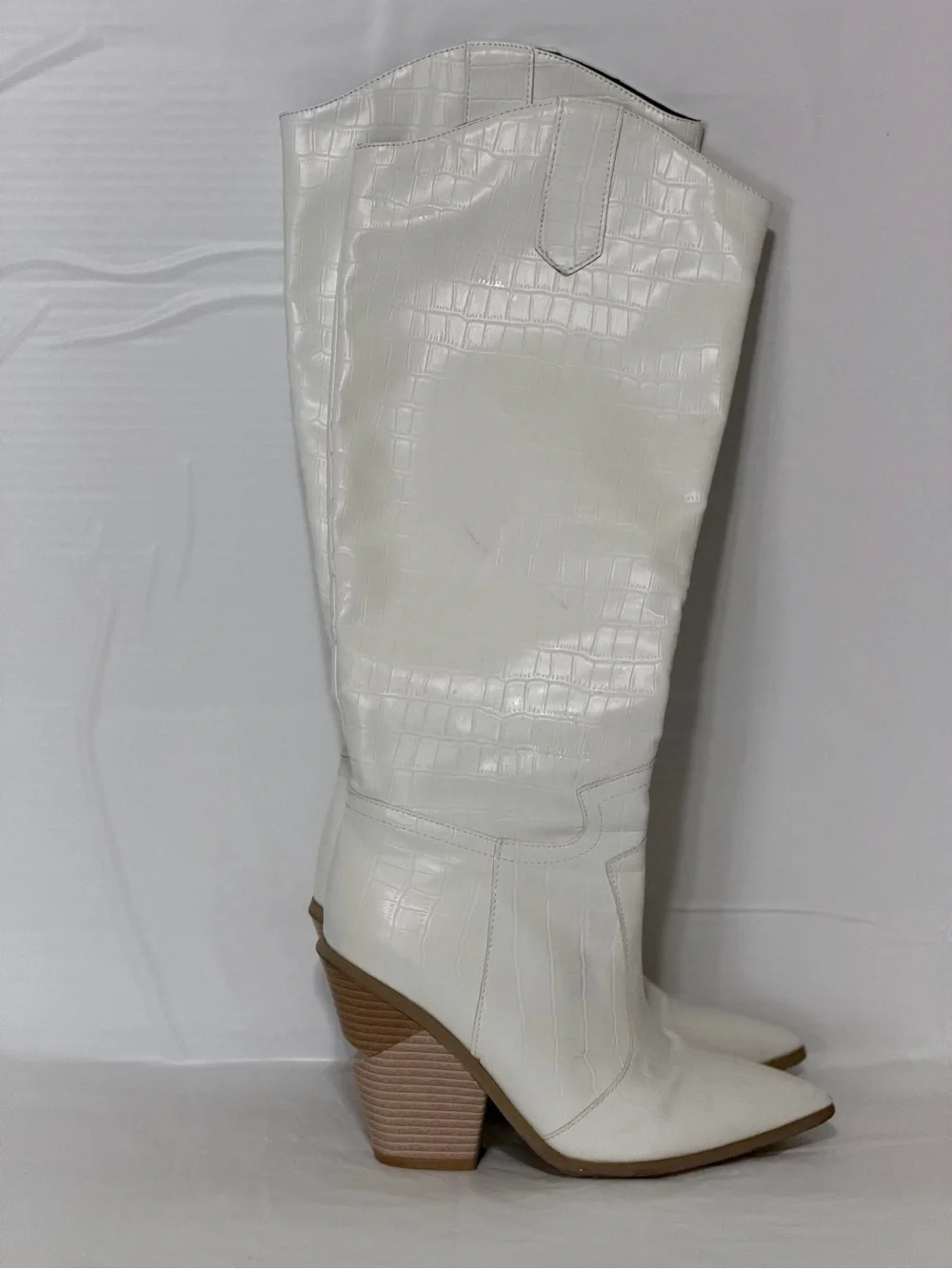 White Croc-Embossed Knee-High Western Boot with Stacked Heel